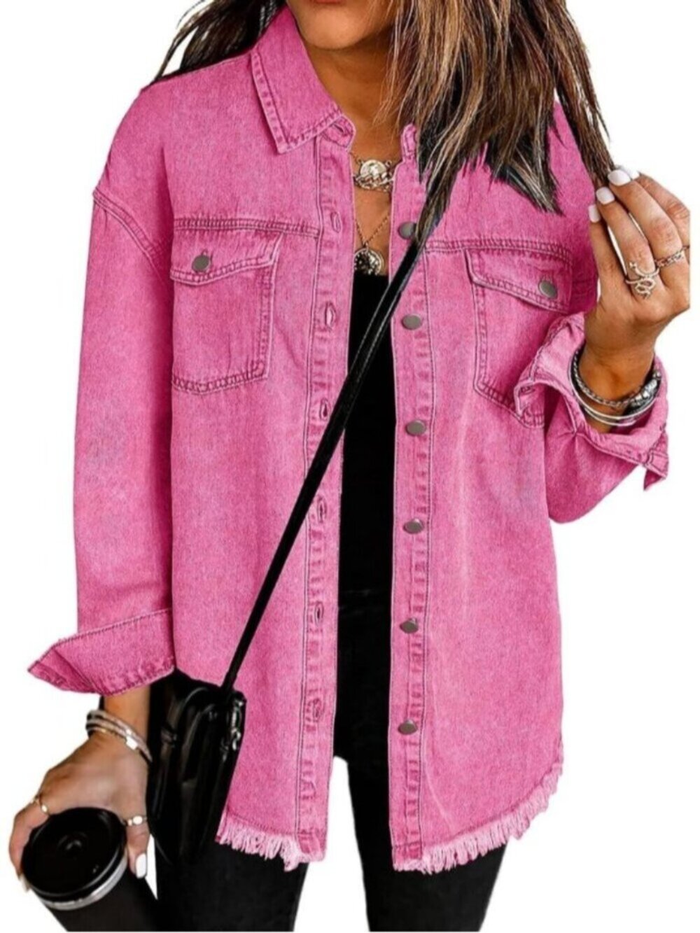 Women's Magenta Pink Oversized Drop Shoulder Button Up Frayed Denim Jean Jacket
